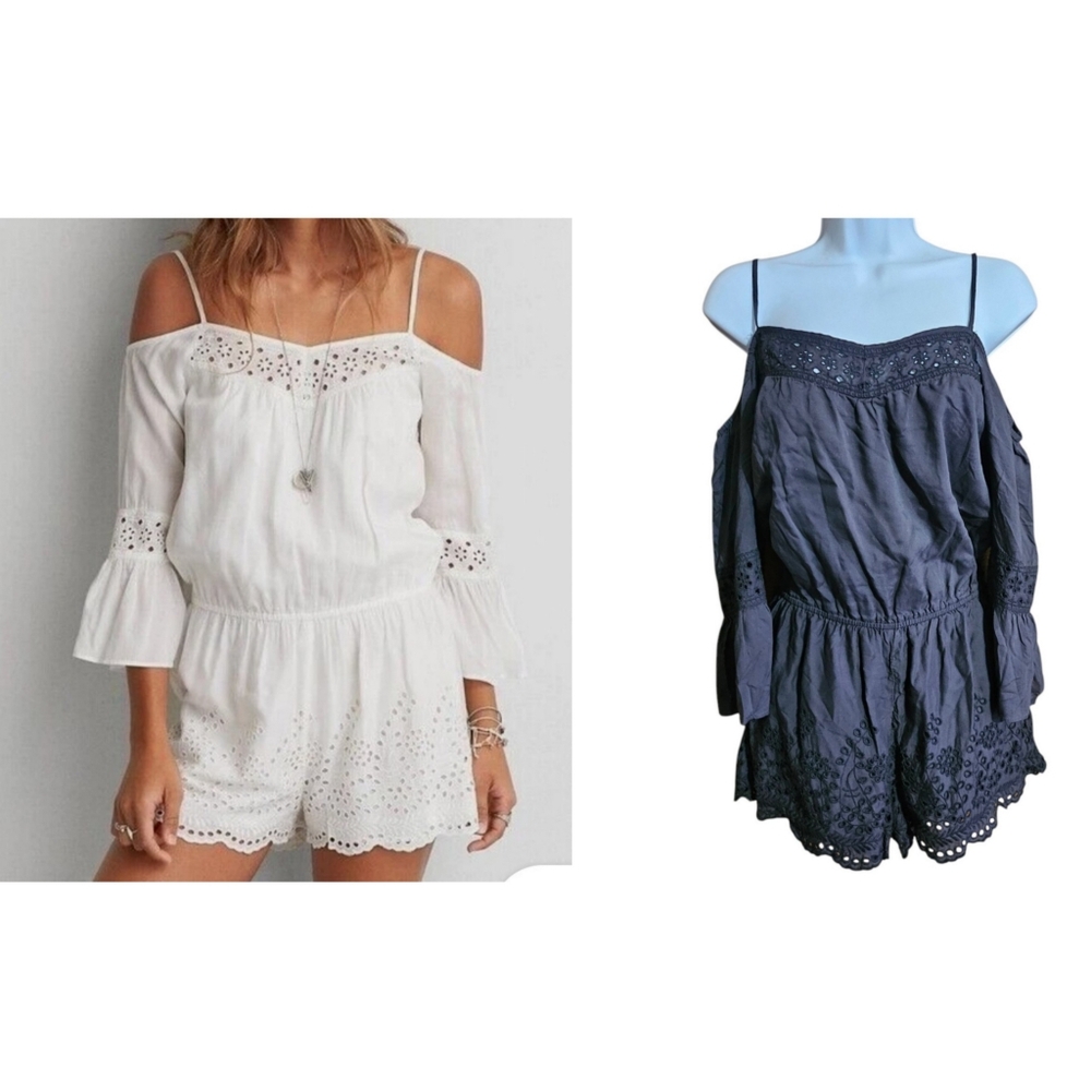 American Eagle Off Shoulder Long  Bell Sleeve Eyelet Romper Black Size S